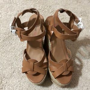 Burlap and tan wedges. Unworn.